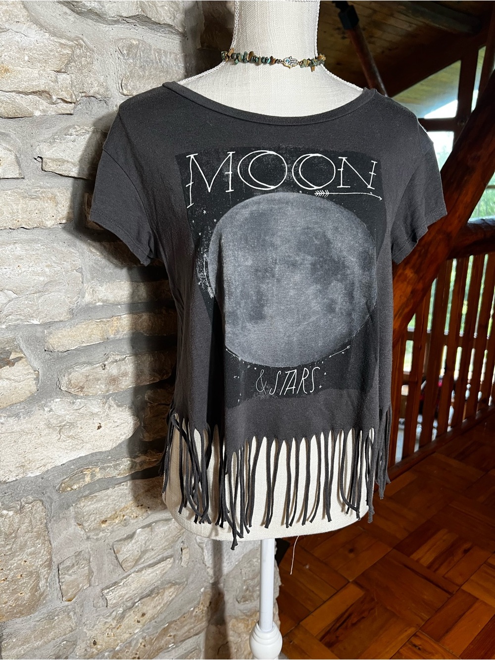 American Eagle Outfitters Black Moon Graphic Fringe Crop Top